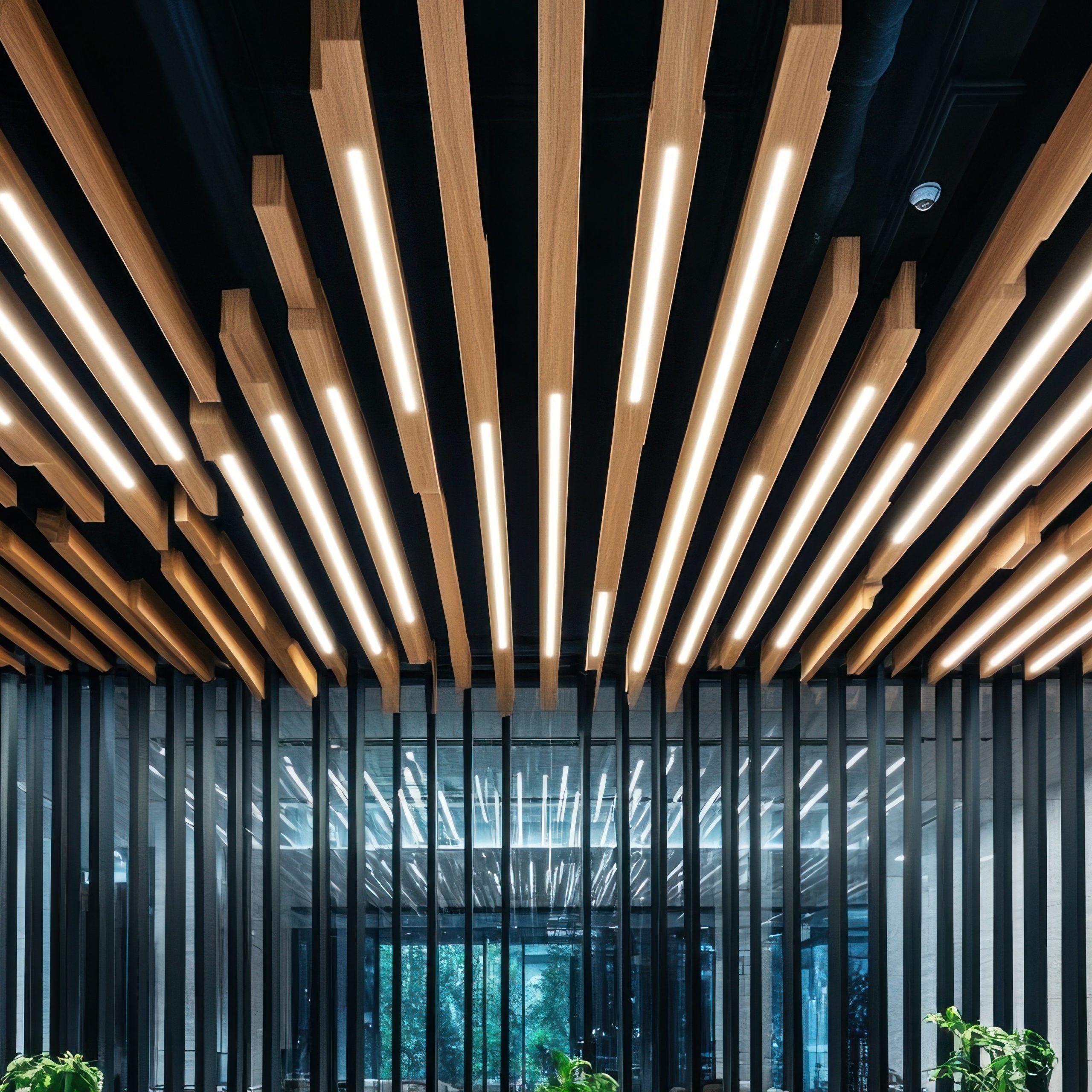 Modern illuminated wooden ceiling design in a contemporary building