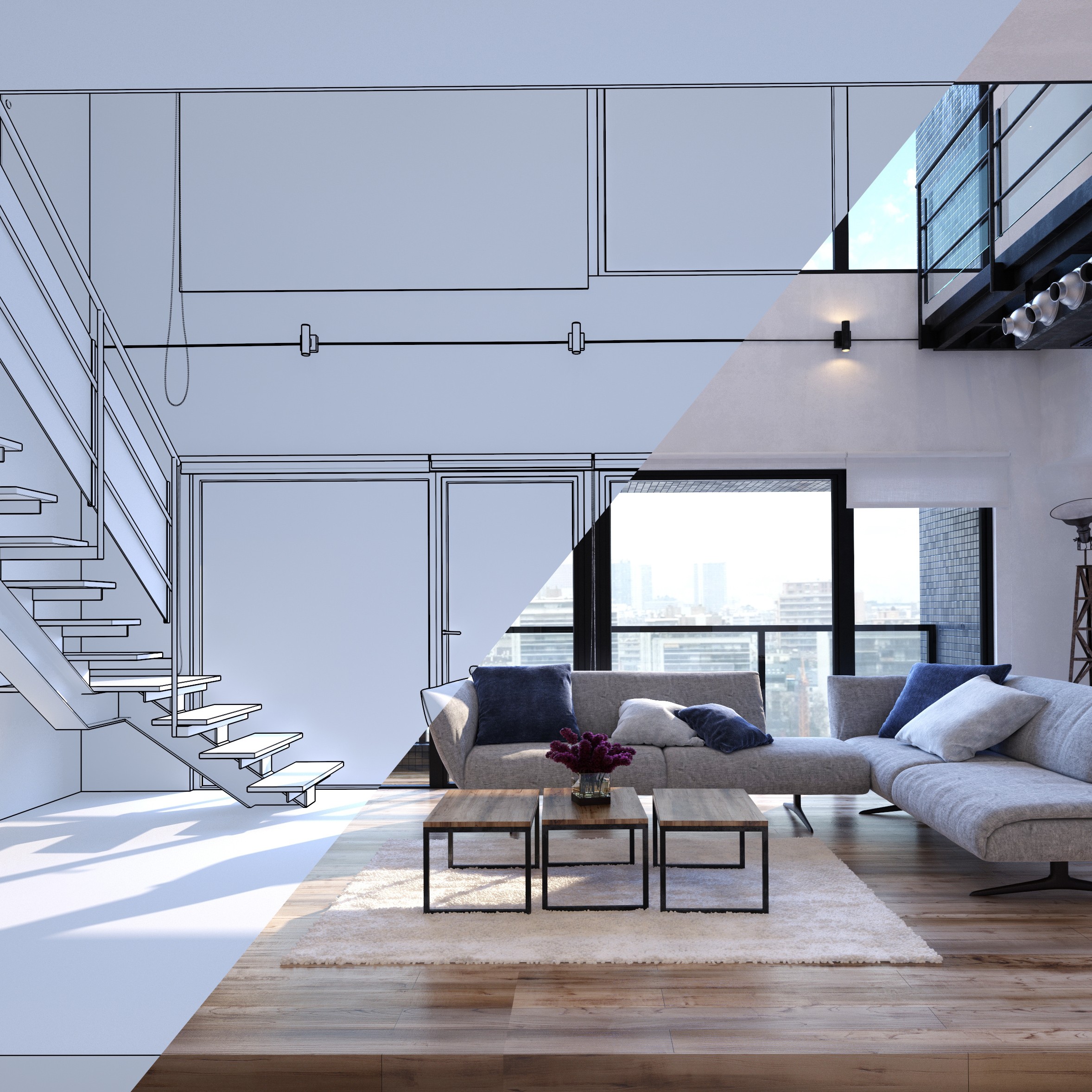 Spacious open plan living room design mockup