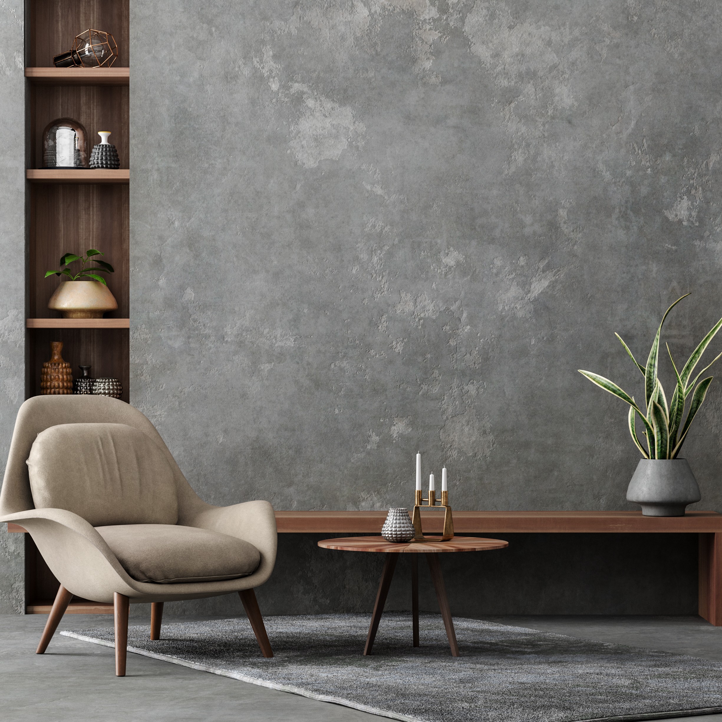 Living room interior in loft, industrial style, 3d render