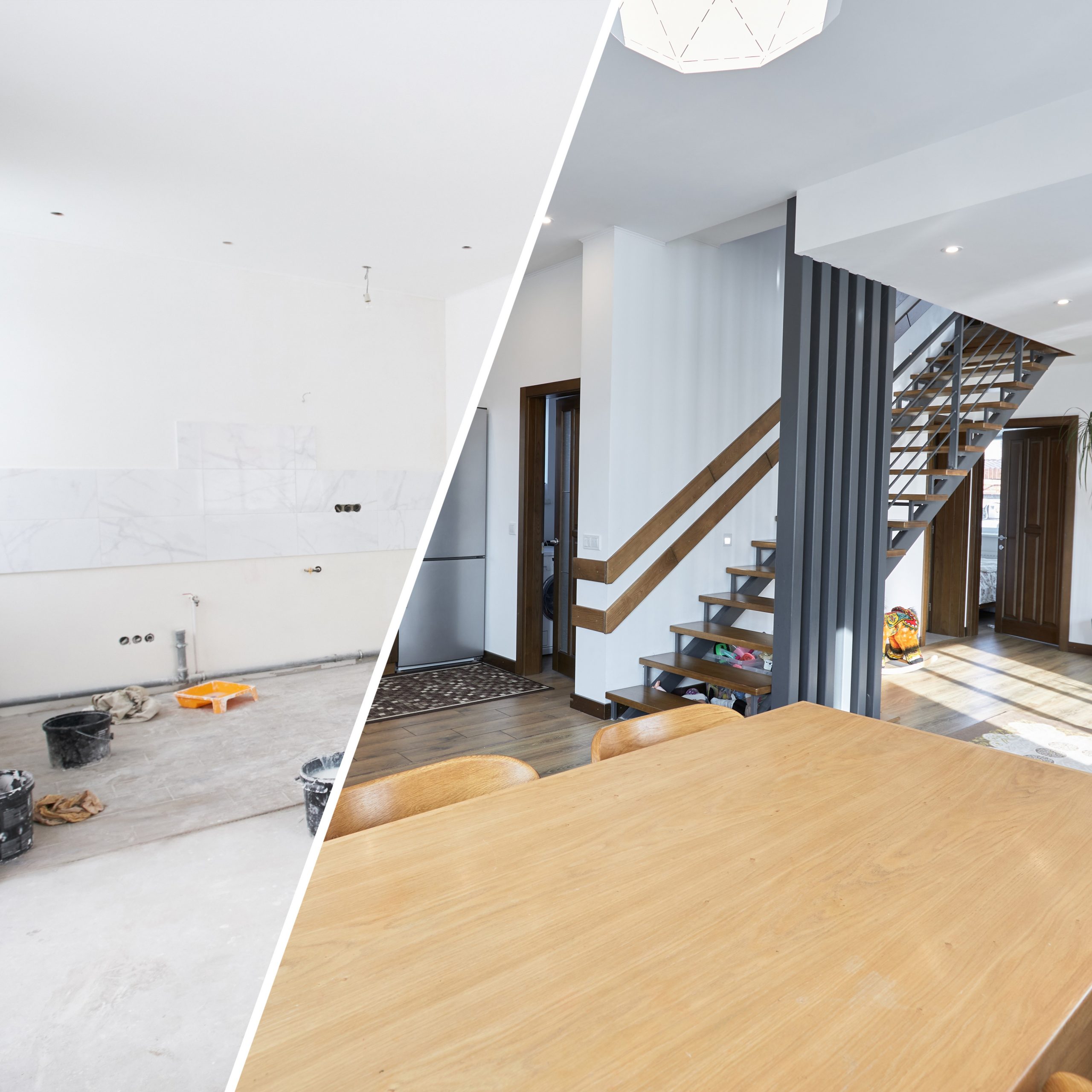 Home renovation concept. Before and after interior in modern style. Living room