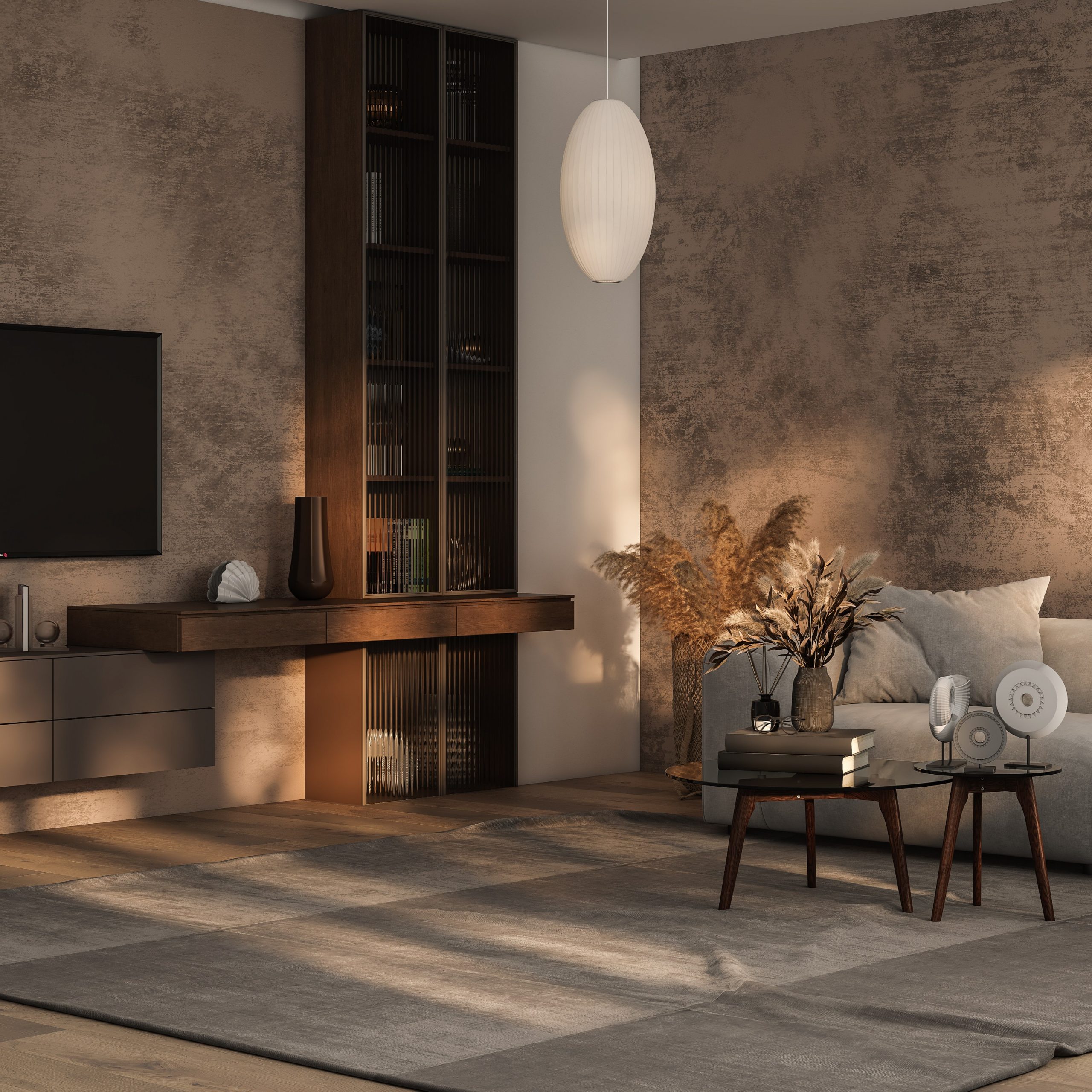 Luxury living room in warm colors. Brown beige walls, light gray lounge furniture sofa, table. Empty background for art or picture.