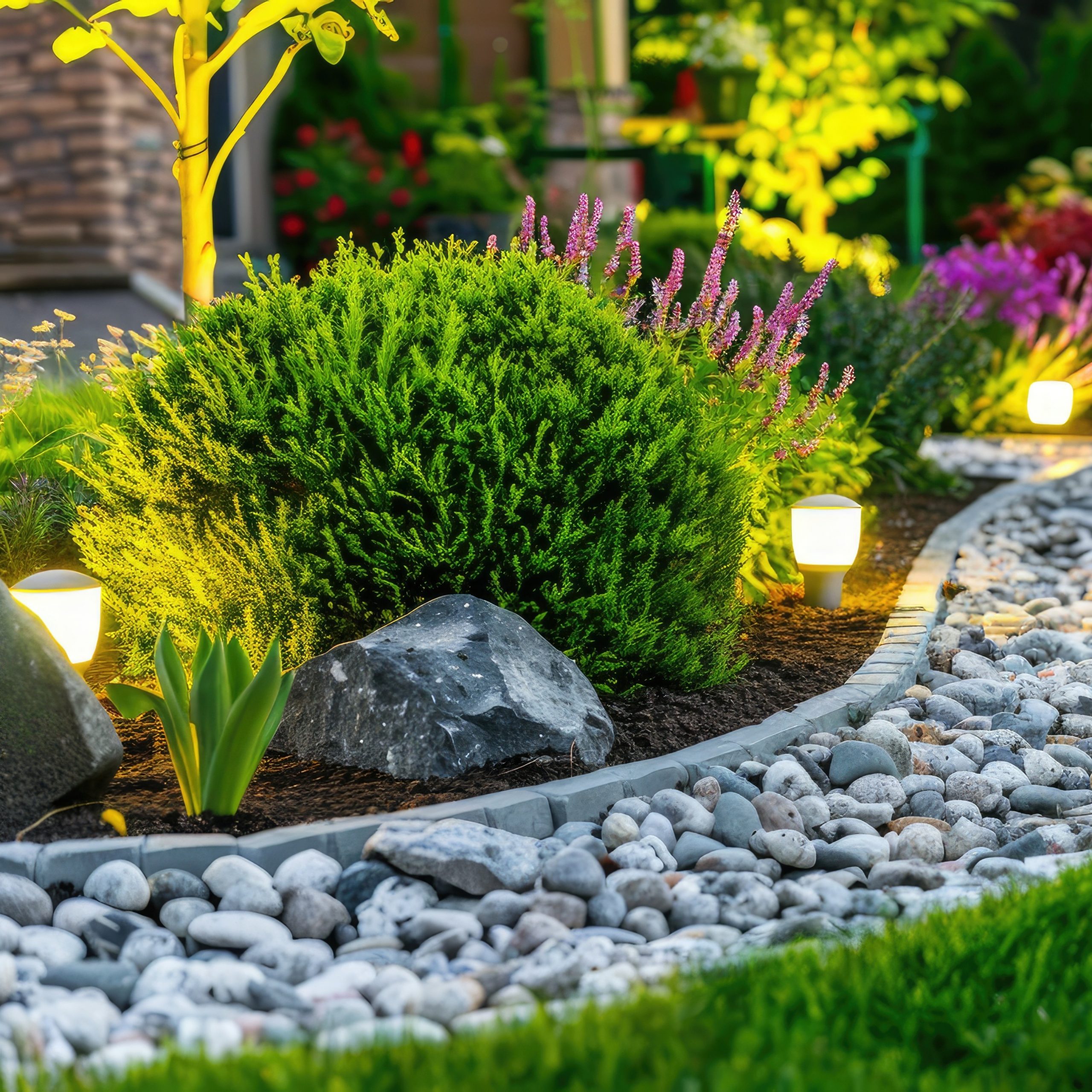 a beautifully lit outdoor garden with landscape lighting highlighting the pathways and plants.